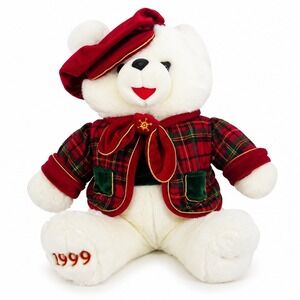 Vintage 1999 Snowflake Teddy White Plush Bear Holiday Plaid Jacket 16 Inch